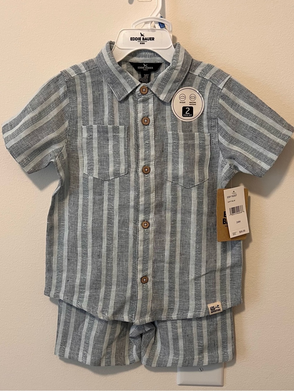 Eddie Bauer Kids Blue Striped Button-Up Shirt With Matching Shorts. Size 24M NWT